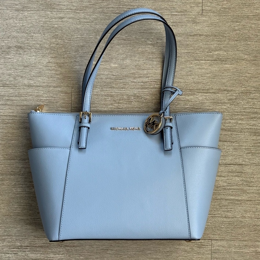 Michael Kors Jet Set East West Top Zip Tote Bag Pale Blue Saffiano Leather
